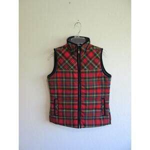 J. CREW Red Tartan Plaid Insulated XS Sleeveless Zip Velvet Trim Pockets Vest